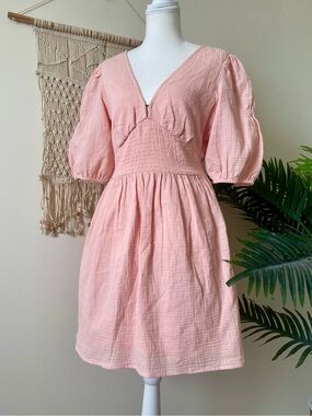 Billabong Spellbound Pink Smocked Gauze Puff Sleeve Cotton Milkmaid Mini Dress